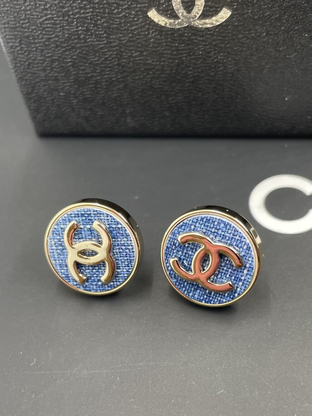 Chanel Interlocking CC Denim Stud Earrings, Gold-Tone Hardware